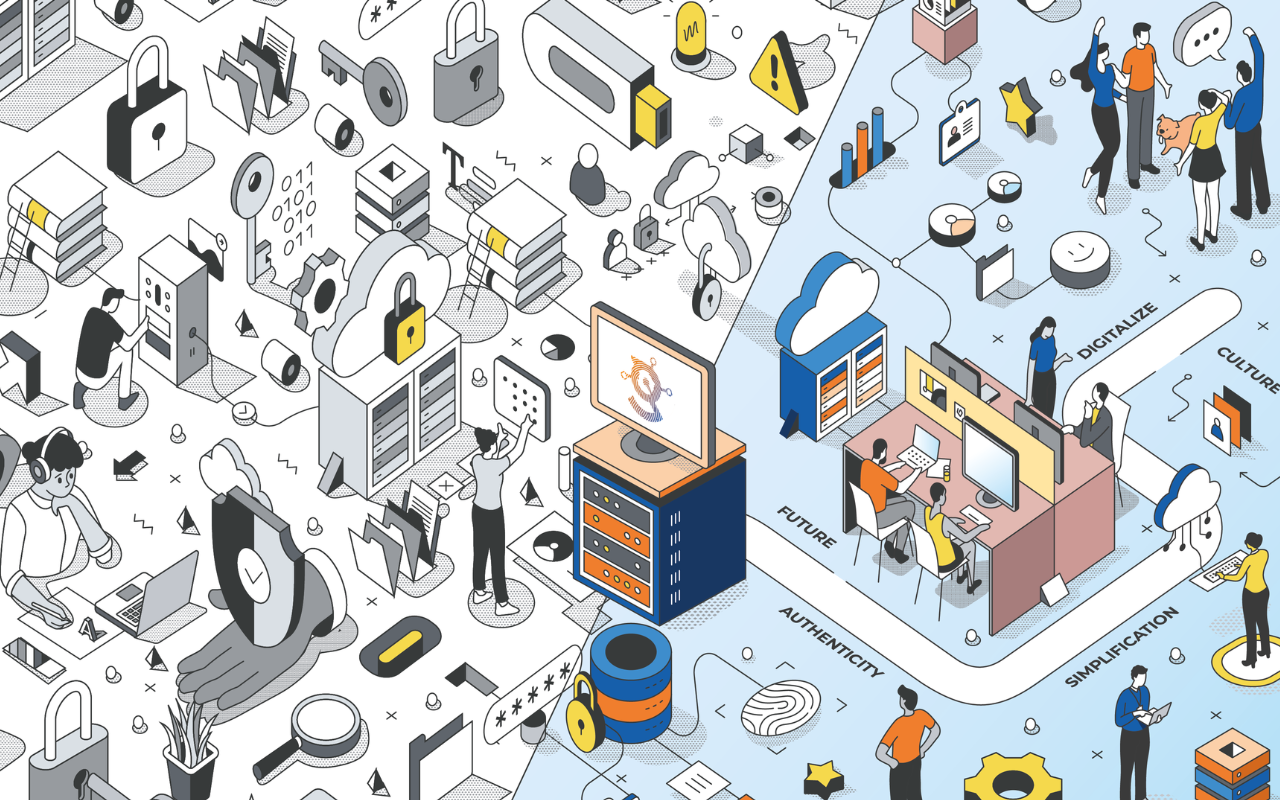 Colorful illustration showing the heart of GOVERNANCE project: the digital transformation with people.